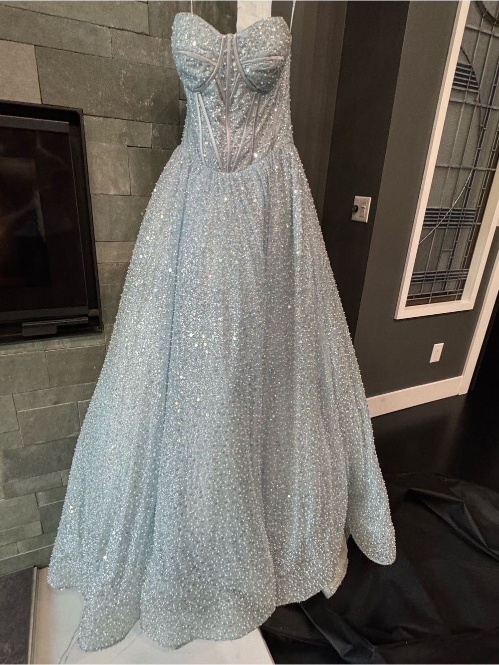 Portia and Scarlett Ice Blue Strapless Sparkle Ball Gown